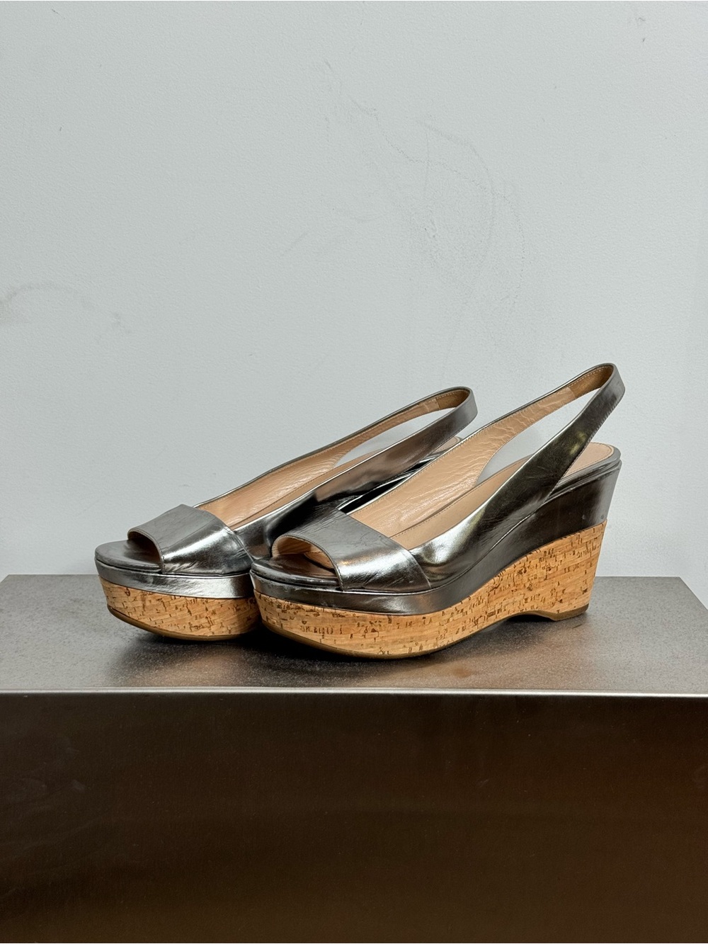 Prada vintage y2k Slingback Cork Wedge Sandals in Metallic silver 37.5